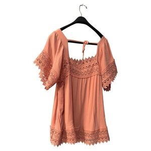 GYK Womens 2XL Peach‎ Crochet Lace Trim Square Neck Short Sleeve Boho Top